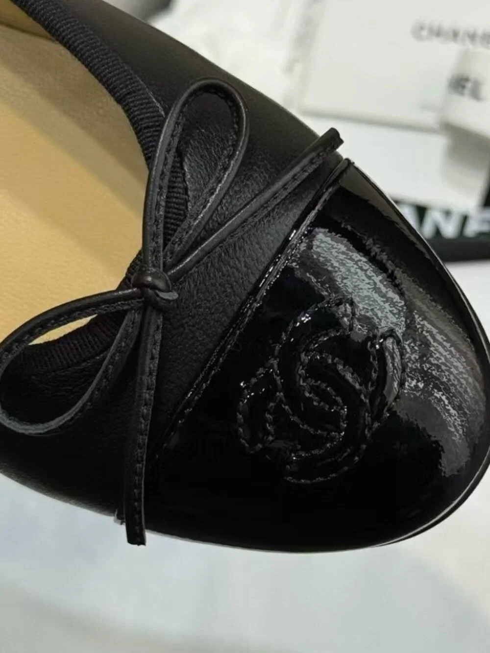 Chanel Two‑Tone Patent Toe Bow Ballet Flats